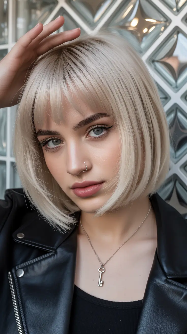 haircut for round faces Classic Platinum Bob with Front Bangs