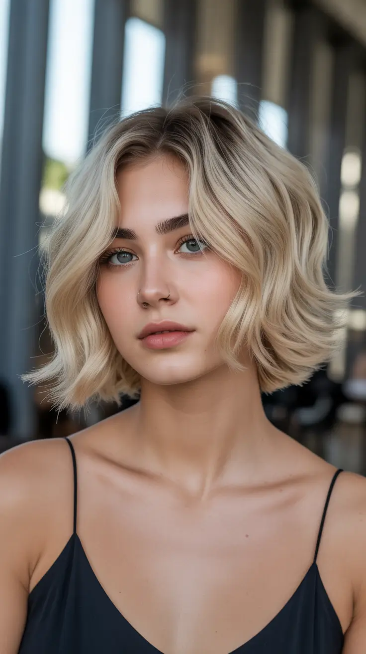haircut for round faces Soft Blonde Waves Bob