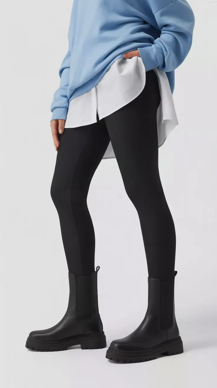 Legging outfit ideas 2026 Soft Blue Layers with Black Core
