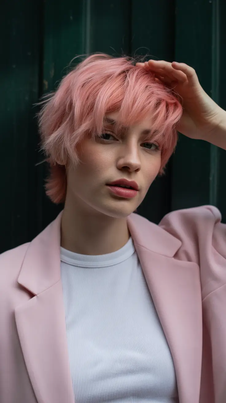 Pixie Haircuts for Women 2026 Pastel Pink Shaggy Pixie with a Grunge Twist