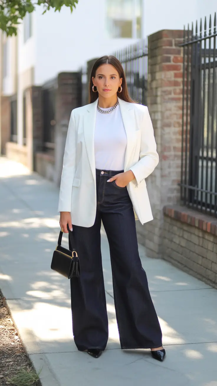 Professional office outfits for work 2026 White Blazer and Denim Sophistication