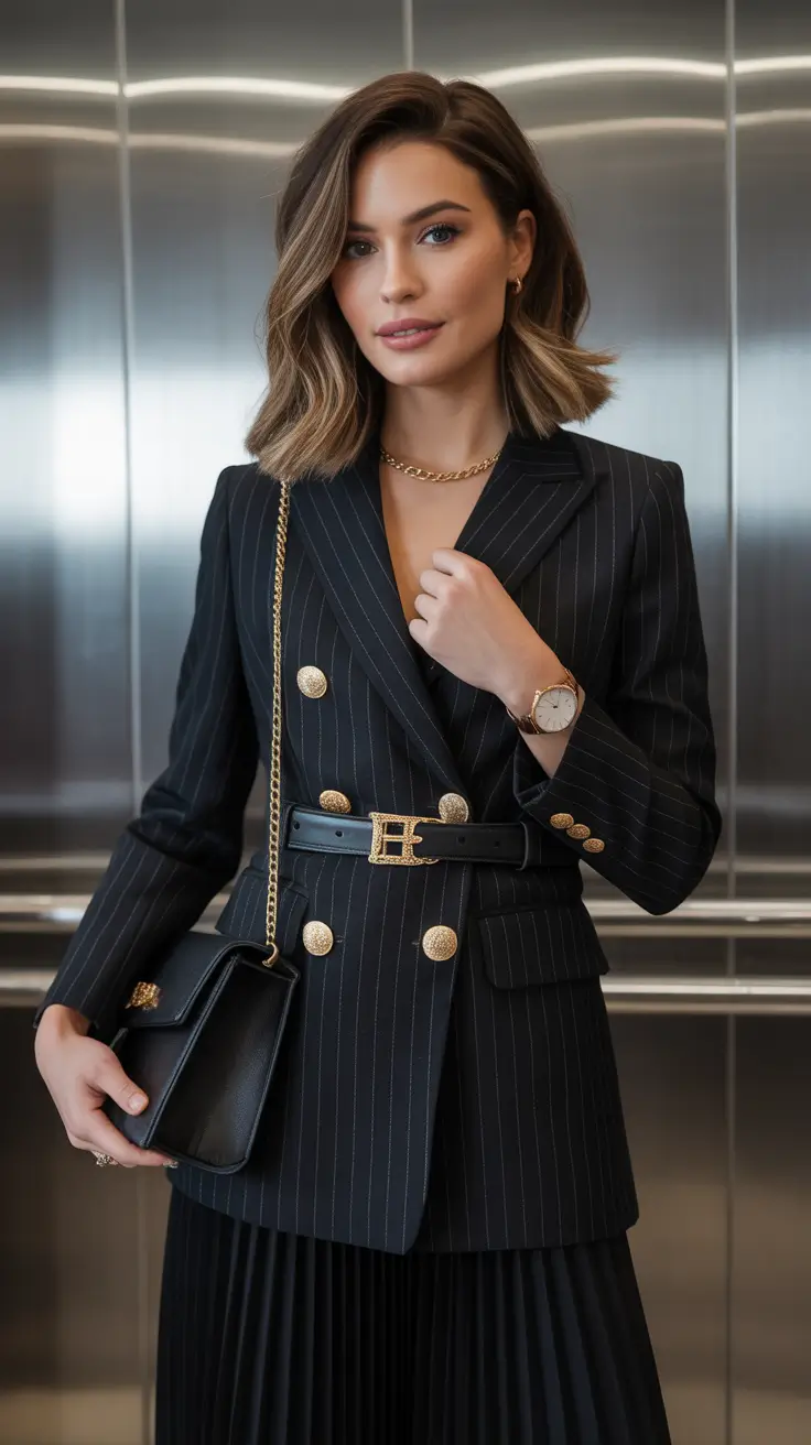 Professional office outfits for work 2026 Sharp Pinstripe Revival