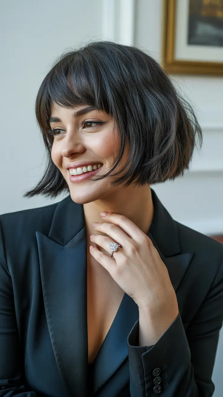 Short bob haircut ideas 2026 Playful Brunette Bob with Curtain Bangs