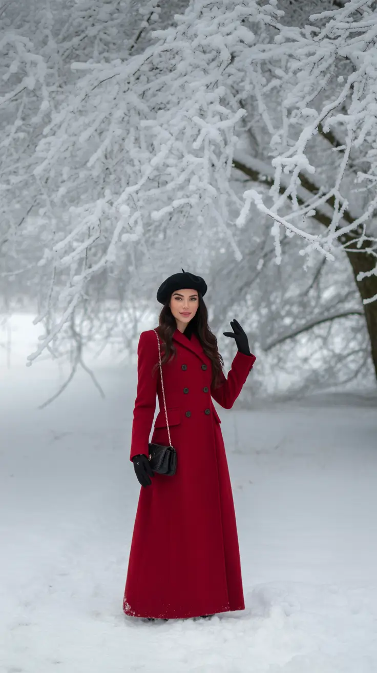 warm outfit for cold weather ideas 2026 Crimson Romance: Parisian Winter Dream
