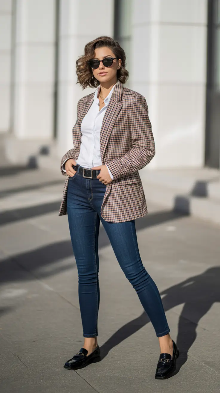 Women business casual outfits for work 2026 Smart-Casual Check Blazer Chic