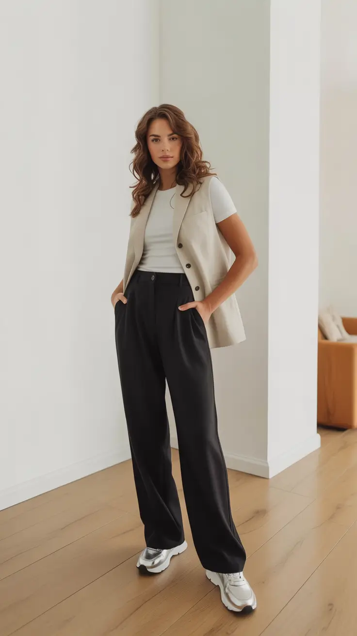Women business casual outfits for work 2026 Neutral Vest and Sneakers Ease