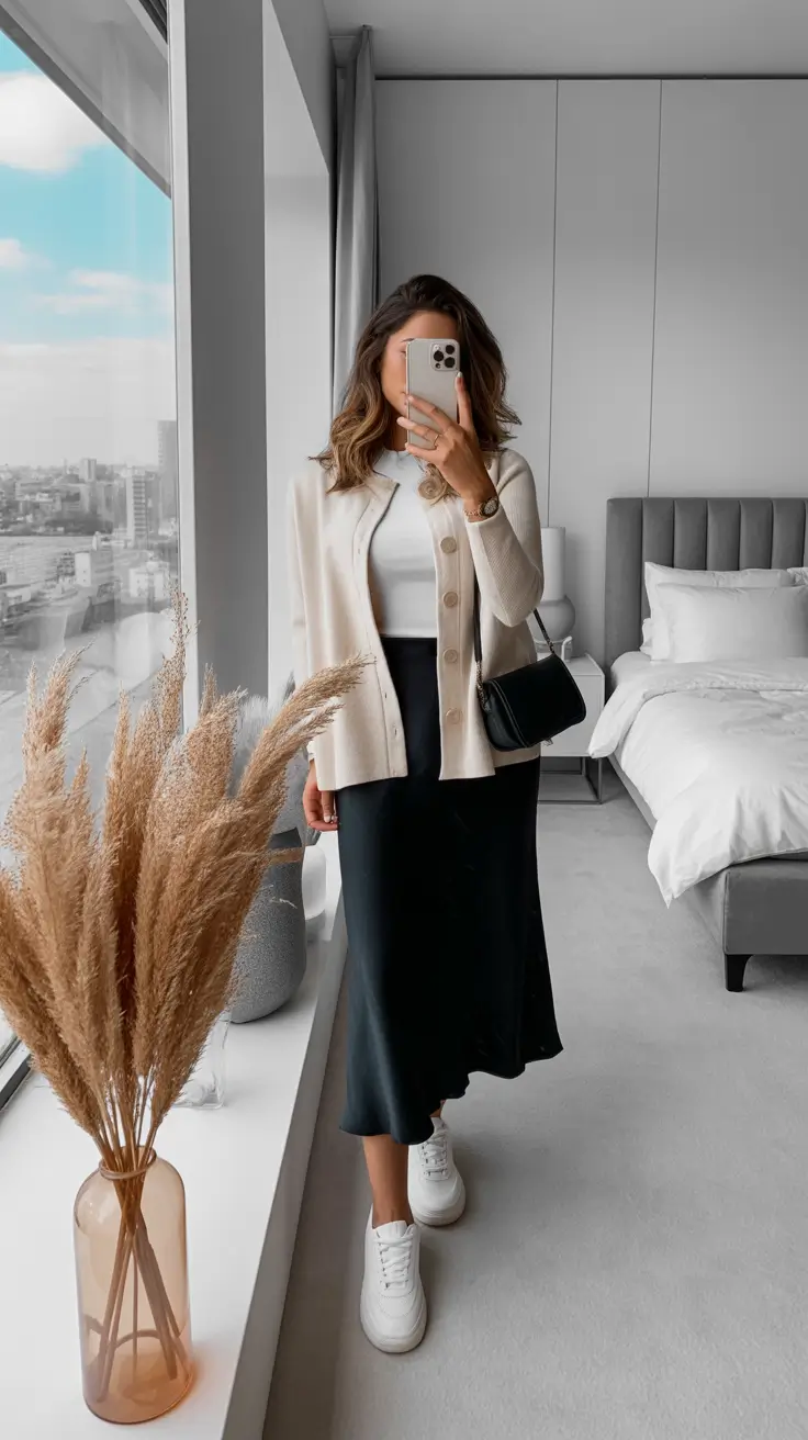 Women business casual outfits for work 2026 Modern Minimalism with a Satin Twist