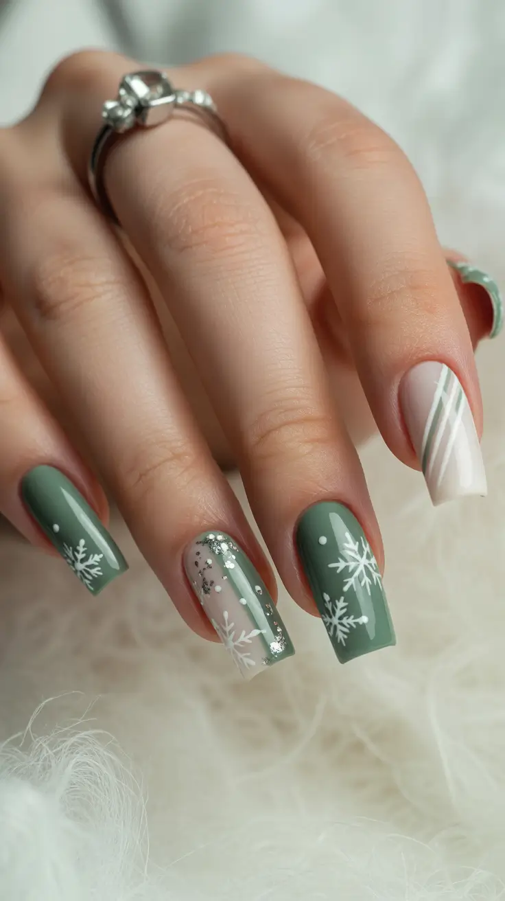 best acrylic nails 2026 Frosted Sage Snowflakes