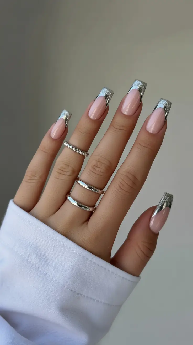 best acrylic nails 2026 Silver Chrome French