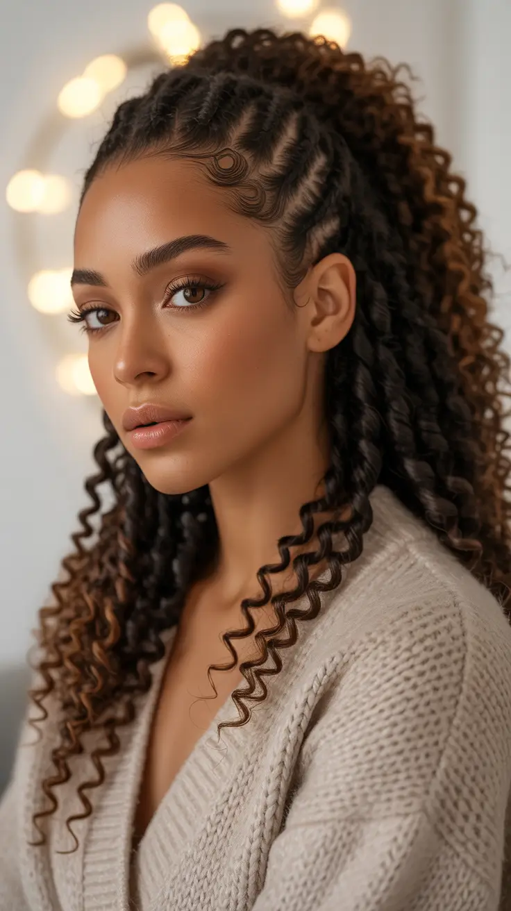 Best hairstyles for black women 2026 Half-Braided Curly Fusion With Warm Highlights