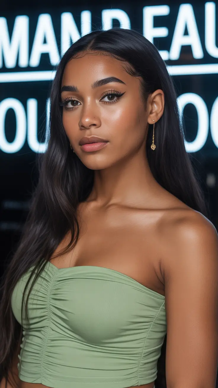 Best hairstyles for black women 2026 Sleek Waist-Length Straight Hair With Glow-Lit Makeup