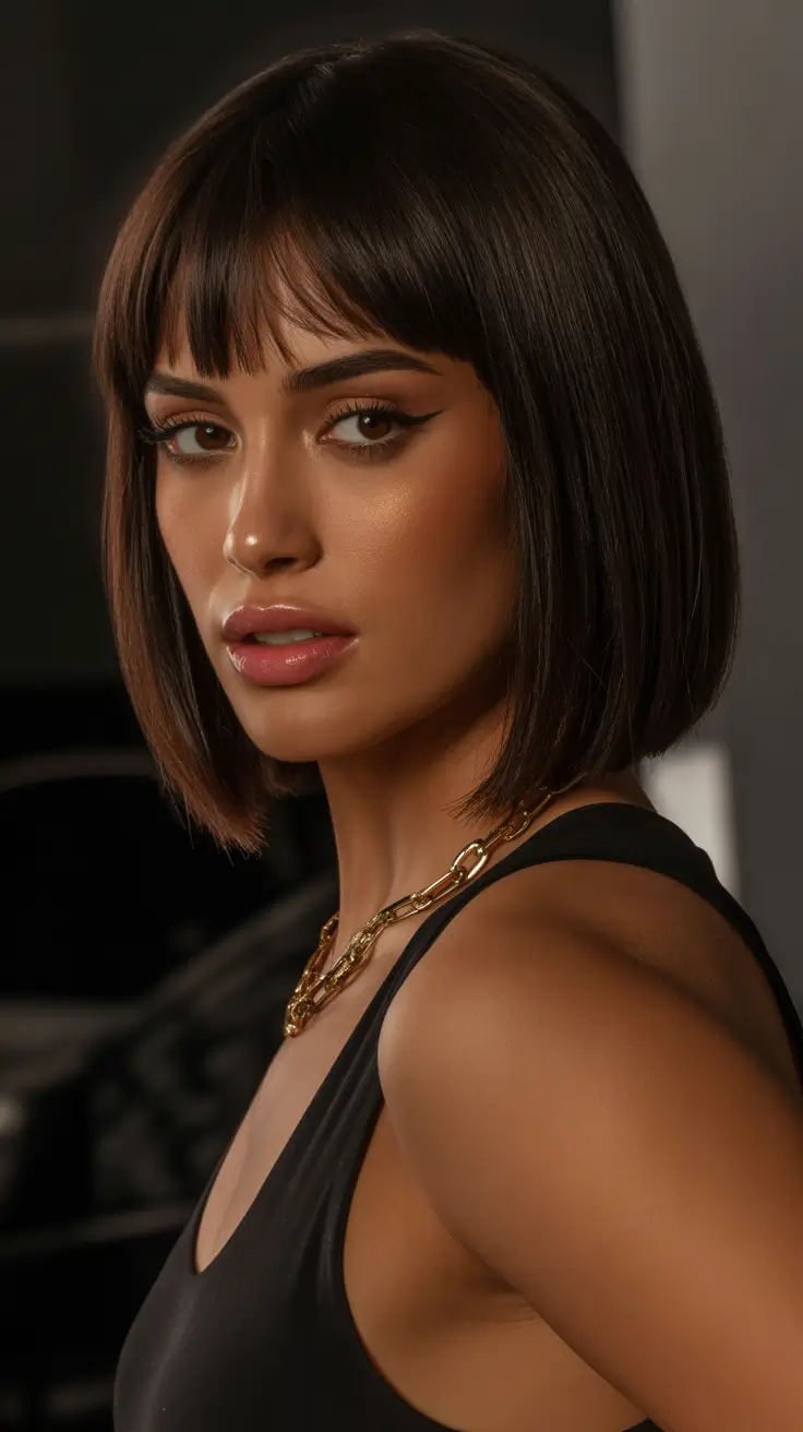 Best short hairstyles 2026 Chocolate Bob With Wispy Fringe