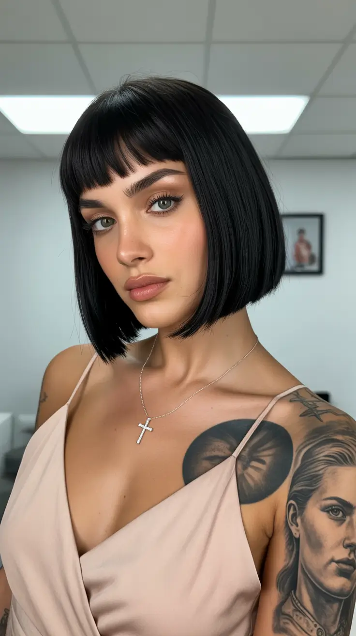 Best short hairstyles 2026 Classic Jet-Black Bob With Baby Bangs