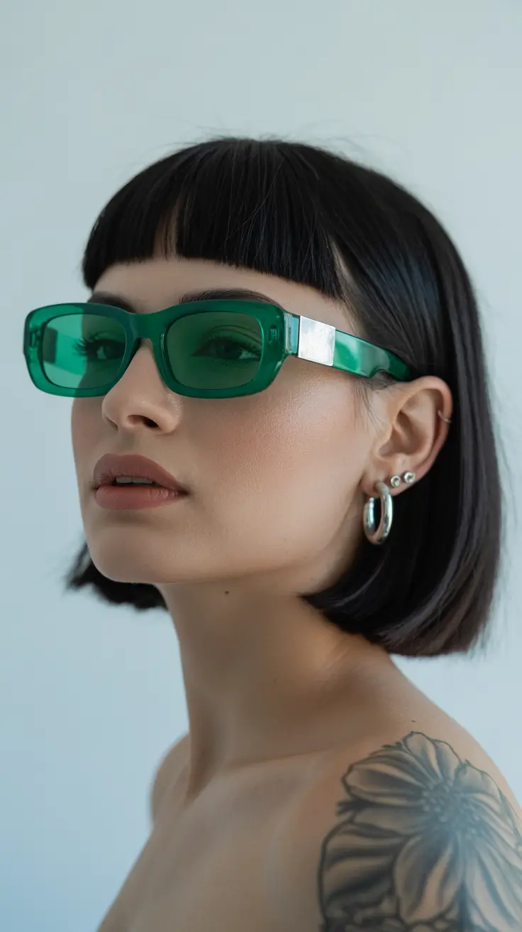 Best short hairstyles 2026 Glossy Jet-Black Bob With Micro-Baby Bangs