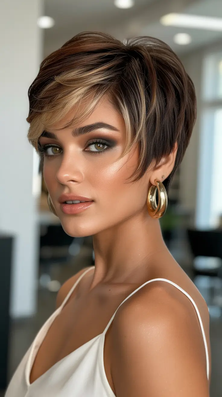 Best short hairstyles 2026 Dimensional Brunette Pixie-Bob With Highlight Ribbons