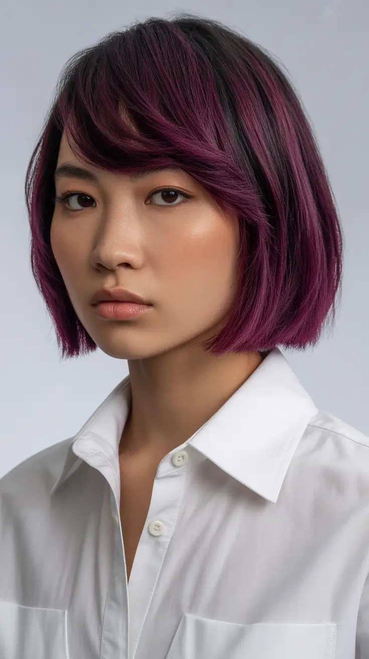 Chic bob hairstyles 2026 Deep Berry-Toned Bob With Side-Swept Fringe
