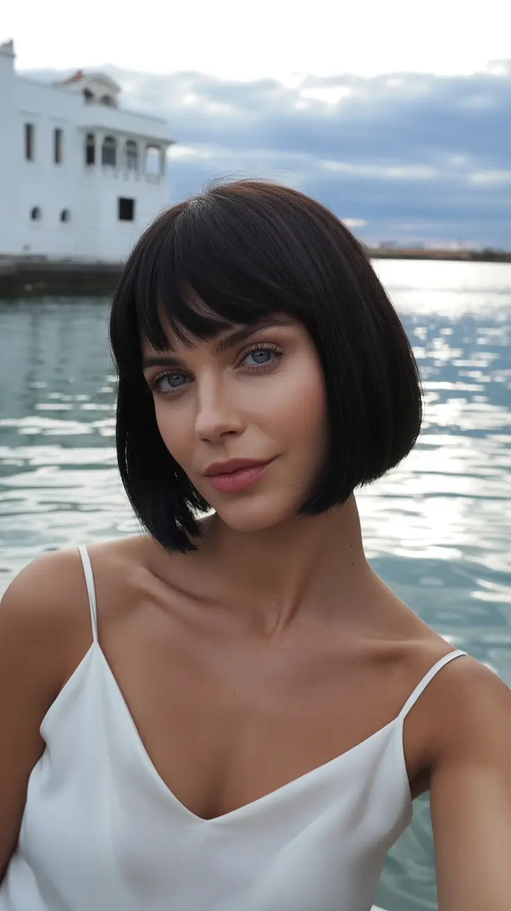 Chic bob hairstyles 2026 Soft Jet-Black Bob With Airy Fringe