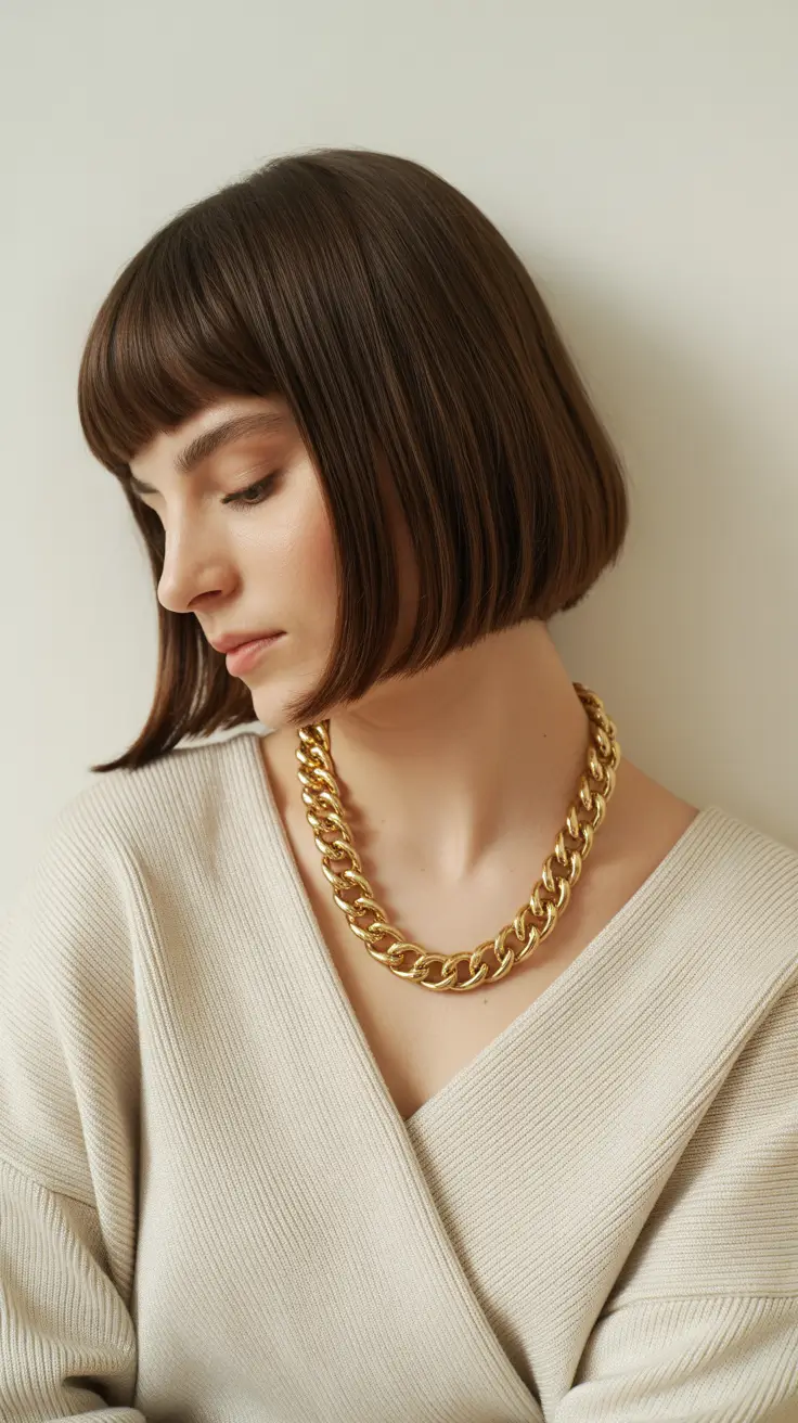 Chic bob hairstyles 2026 Minimalist Brown Bob With Baby Bangs