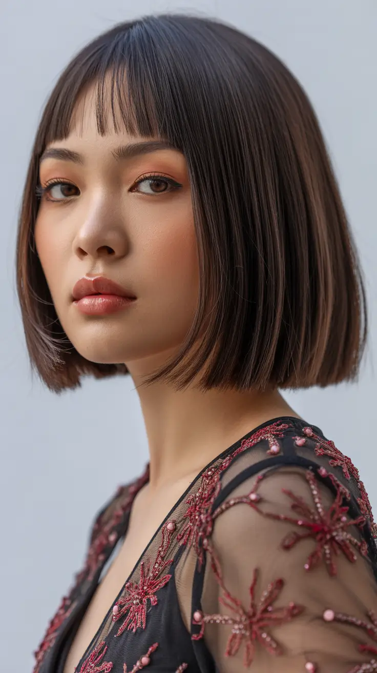 Chic bob hairstyles 2026 Silky Micro-Fringe Bob With Sculpted Shine