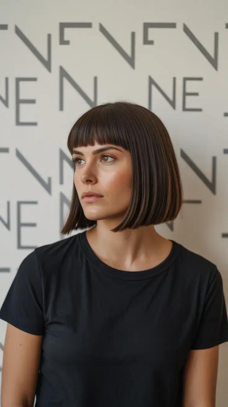 Chic bob hairstyles 2026 Structured Chocolate Bob With Blunt Baby Bangs
