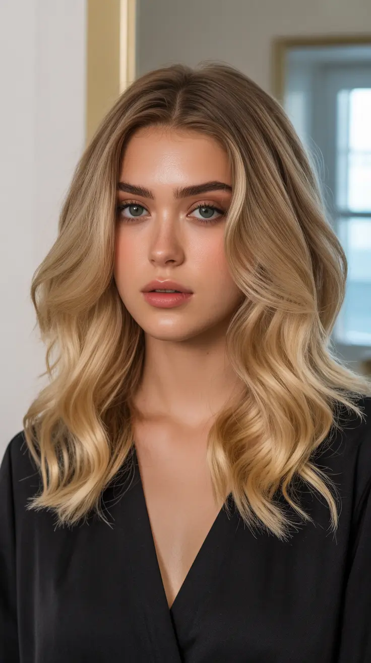 chic mid length haircuts 2026 Soft Blonde Waves with Volume