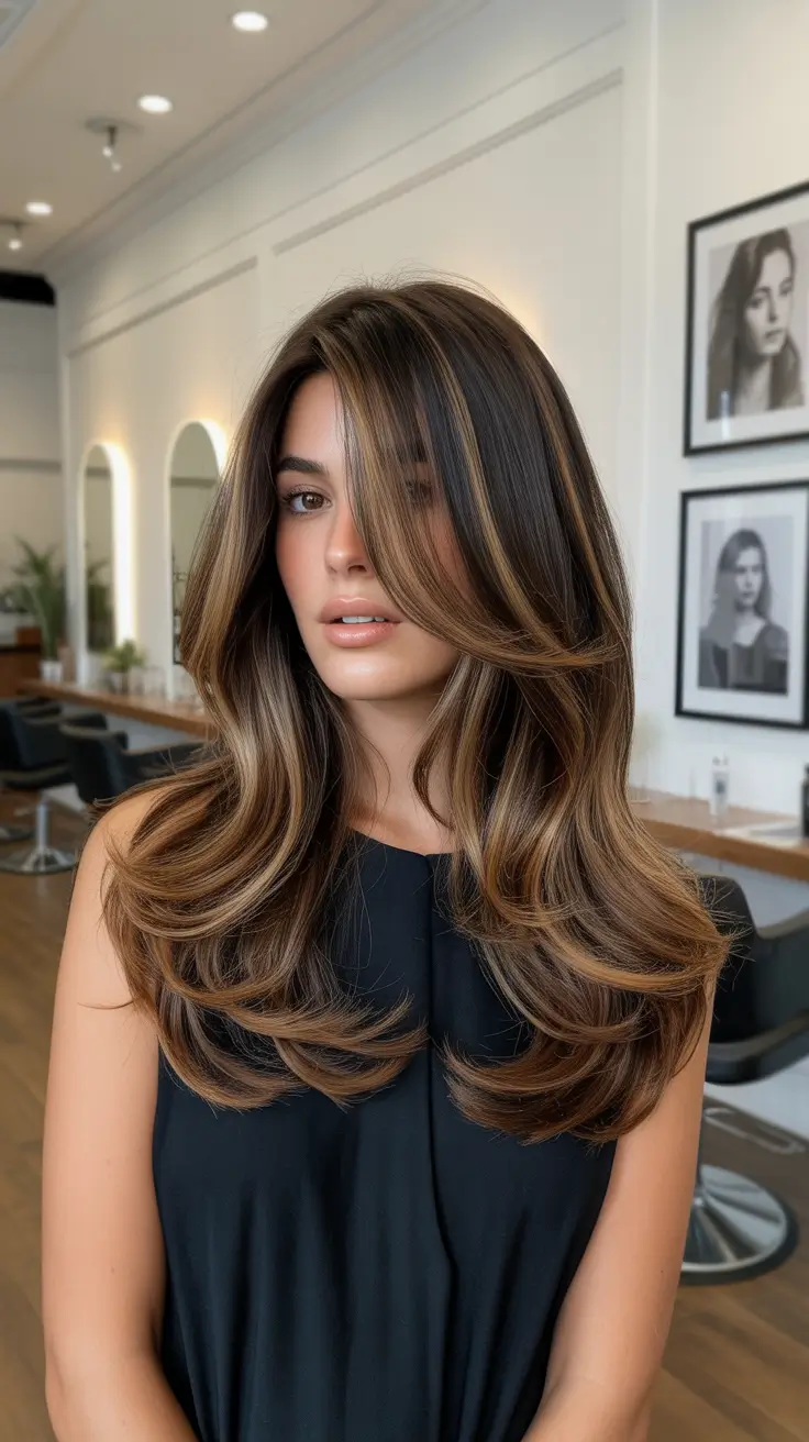 chic mid length haircuts 2026 Voluminous Layers with Curtain Bangs