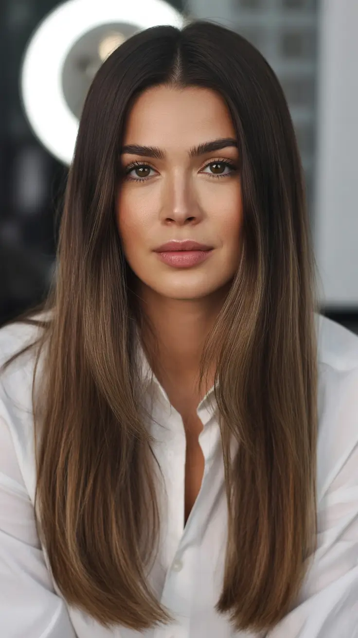chic mid length haircuts 2026 Center-Part Sleek with Subtle Dimension