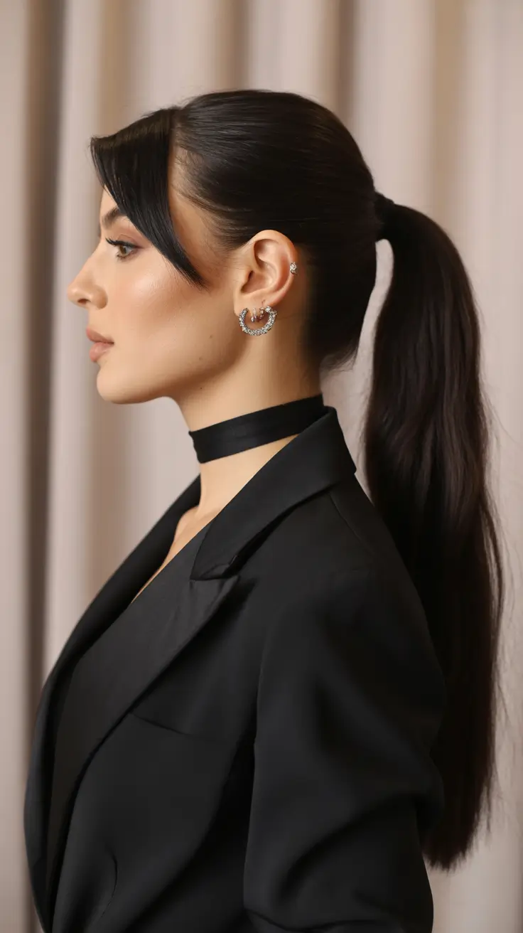 Chic ponytail hairstyles 2026 Long Sleek Ponytail With Side-Swept Bang Detail