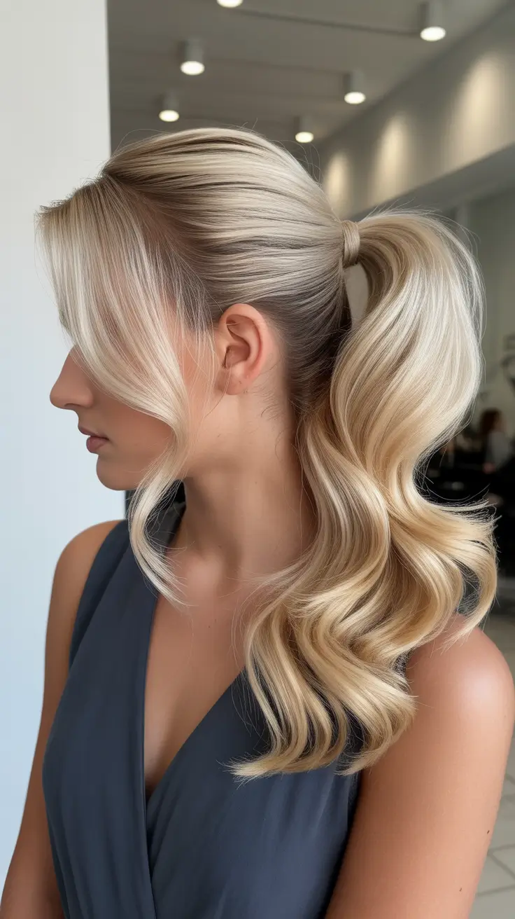 Chic ponytail hairstyles 2026 Voluminous Blonde Ponytail With Soft Draped Bangs