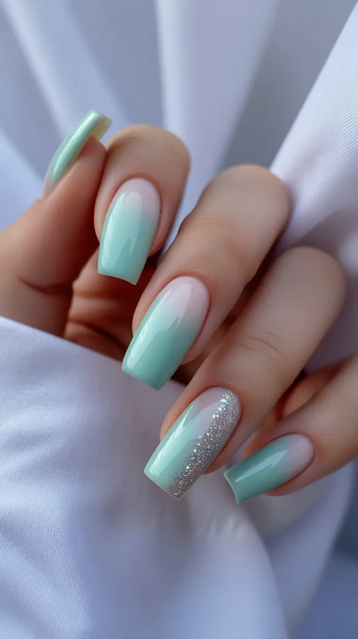 cute pastel nails 2026 Mint Gradient With Silver Sparkle