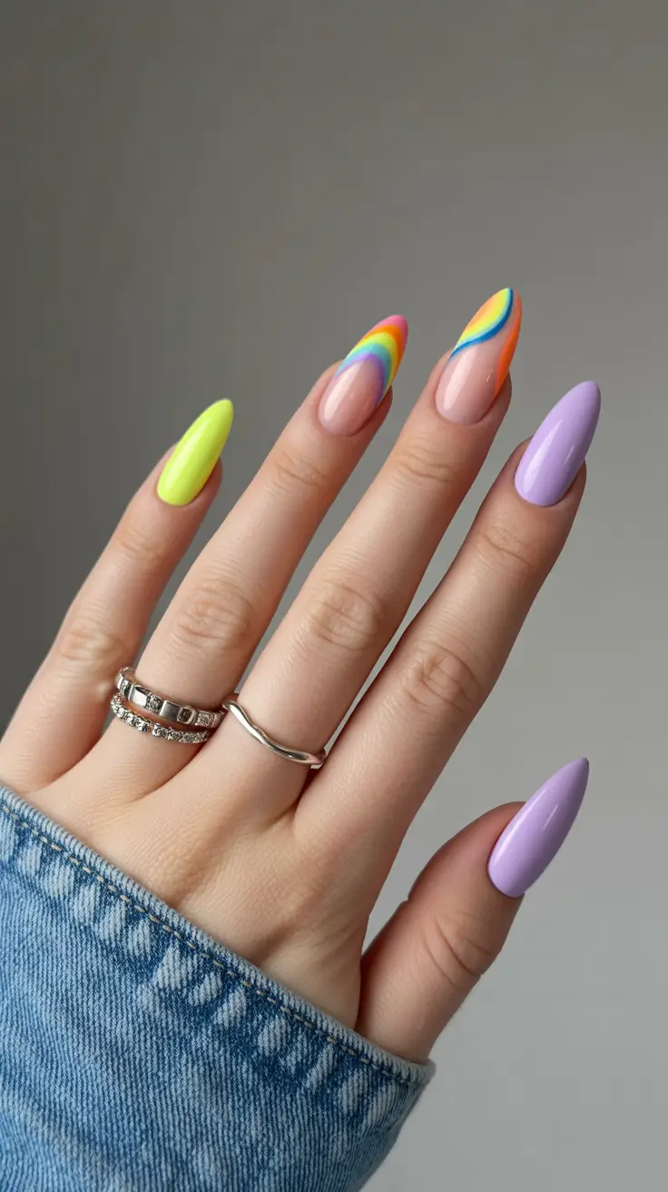 cute pastel nails 2026 Rainbow Pastel Almond Fusion