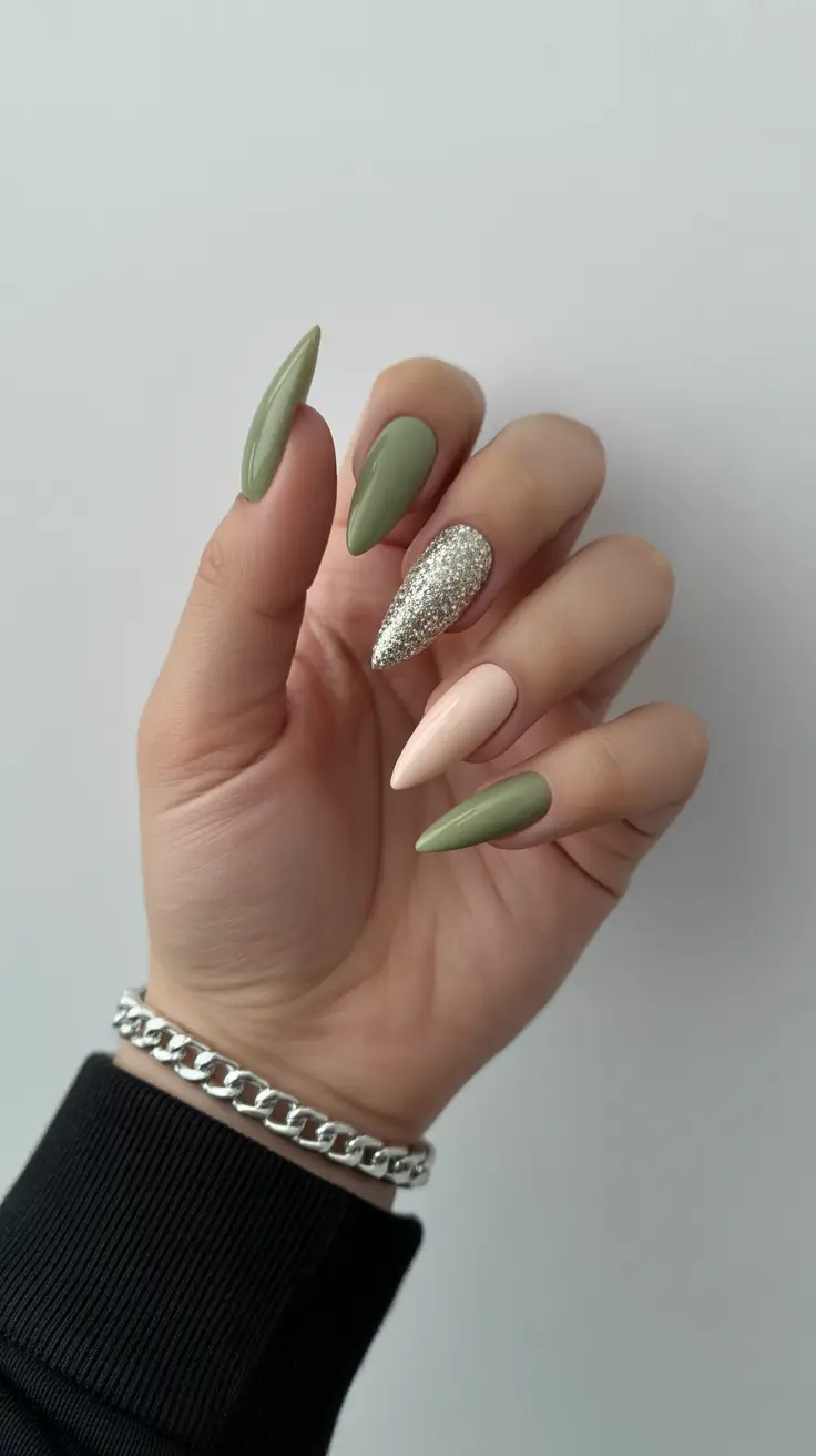 cute pastel nails 2026 Matte Olive and Nude Pastel Mix
