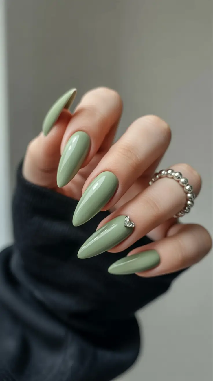 cute pastel nails 2026 Olive Pastel Almond With Silver Heart Accent