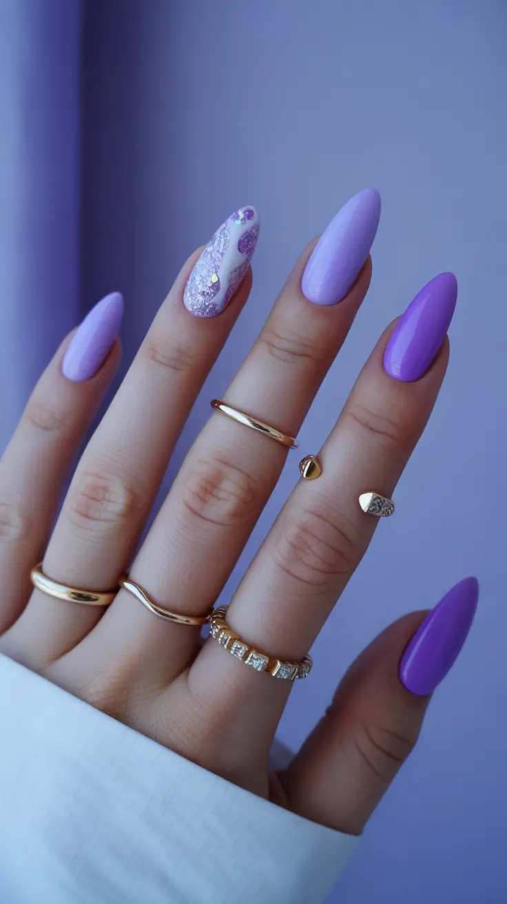 cute pastel nails 2026 Lavender Sparkle With Glossy Purple Accents