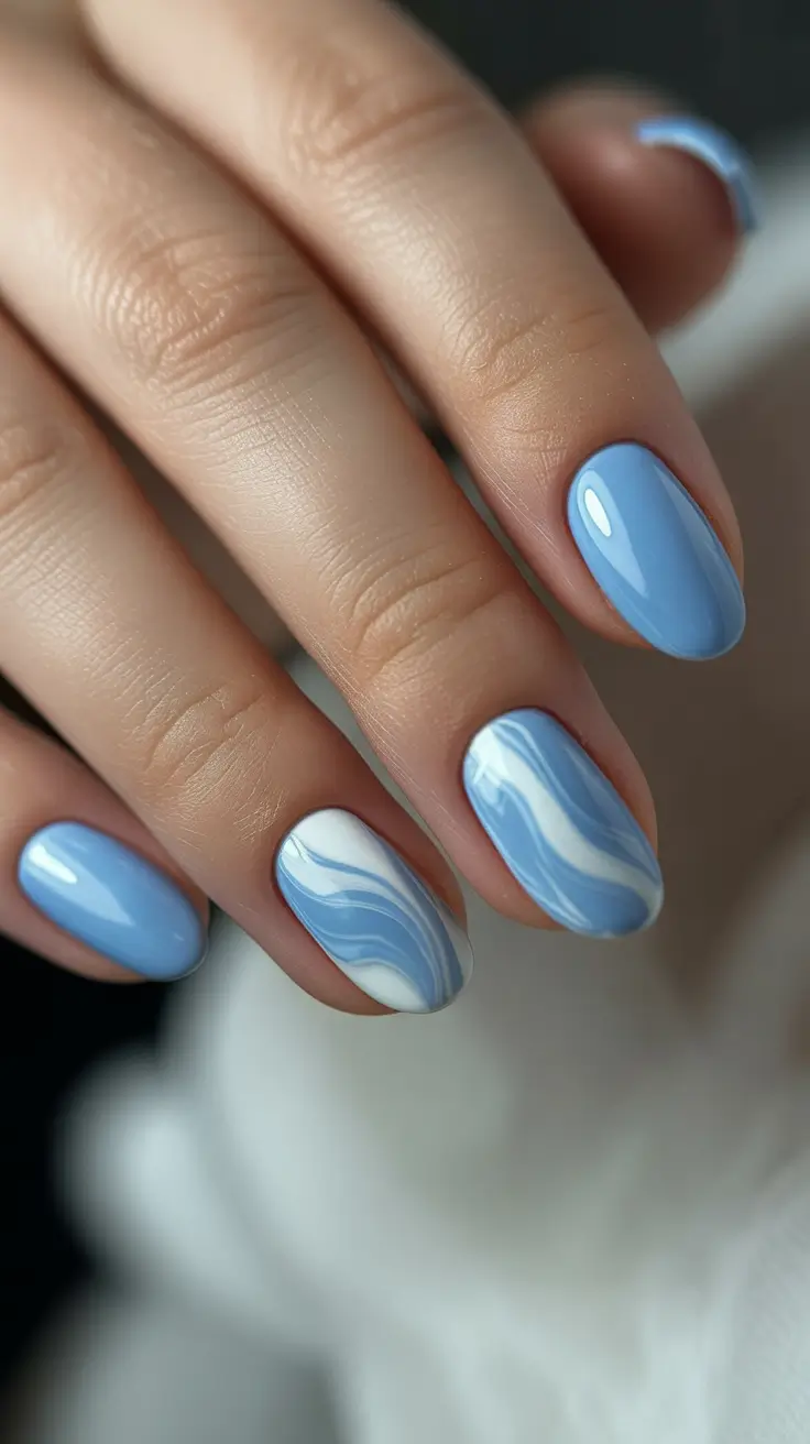 cute pastel nails 2026 Blue Porcelain Swirl Almond Nails
