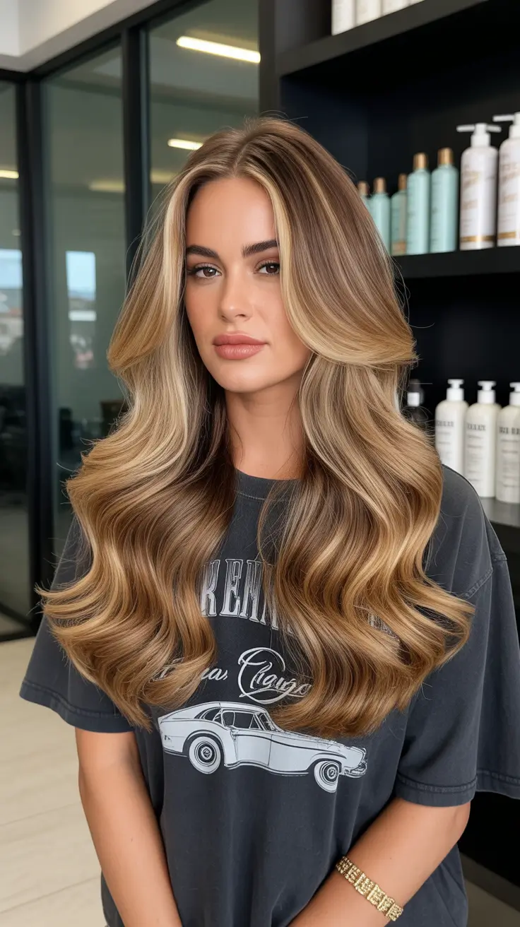Easy haircuts for long hair 2026 Golden Hollywood Layers With Glossy Volume