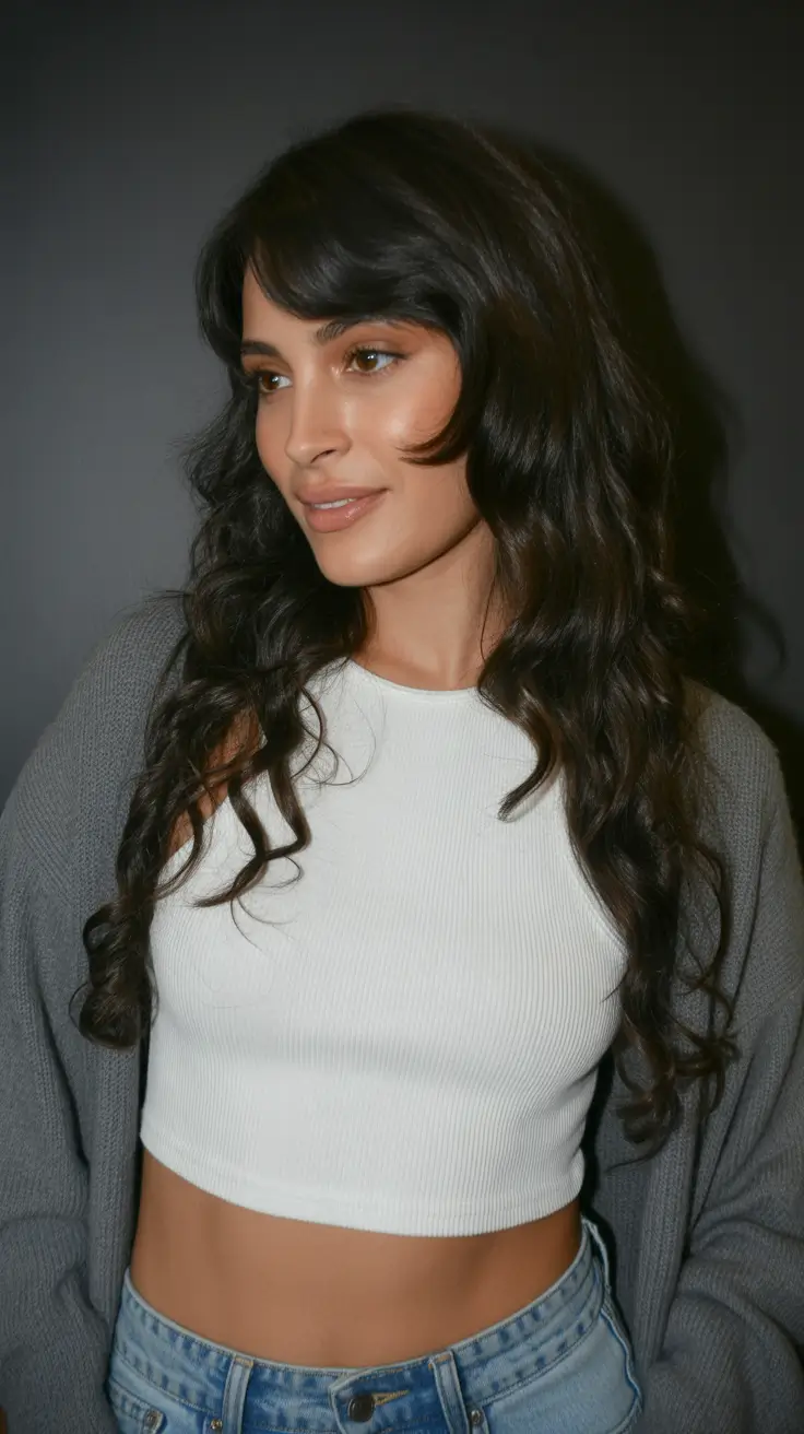 Easy haircuts for long hair 2026 Soft Wolf-Inspired Curls With Modern Bangs