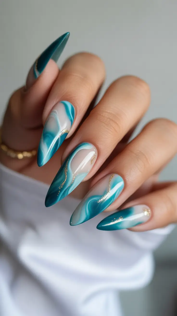 elegant gel nails 2026 Teal Marble Waves With Golden Accents