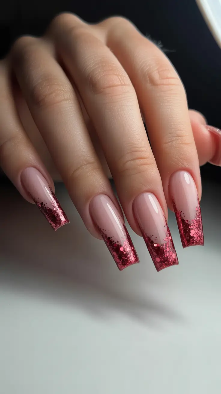 elegant gel nails 2026 Rosy Glitter Fade With High-Shine Precision