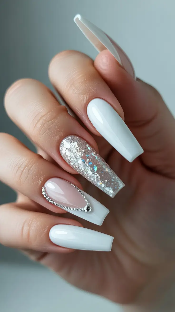 elegant gel nails 2026 White Luxe With Crystal Accents