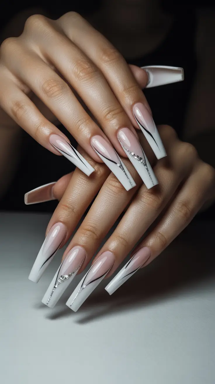 elegant gel nails 2026 Sculpted White Angles With Crystal Linework