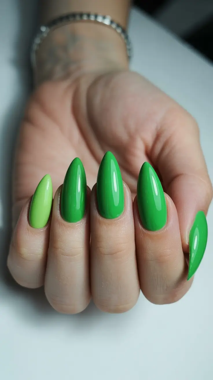 elegant gel nails 2026 Electric Green Statement Almonds
