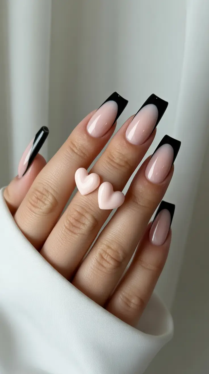 elegant gel nails 2026 Black-Edged French Fade With Soft Heart Accents