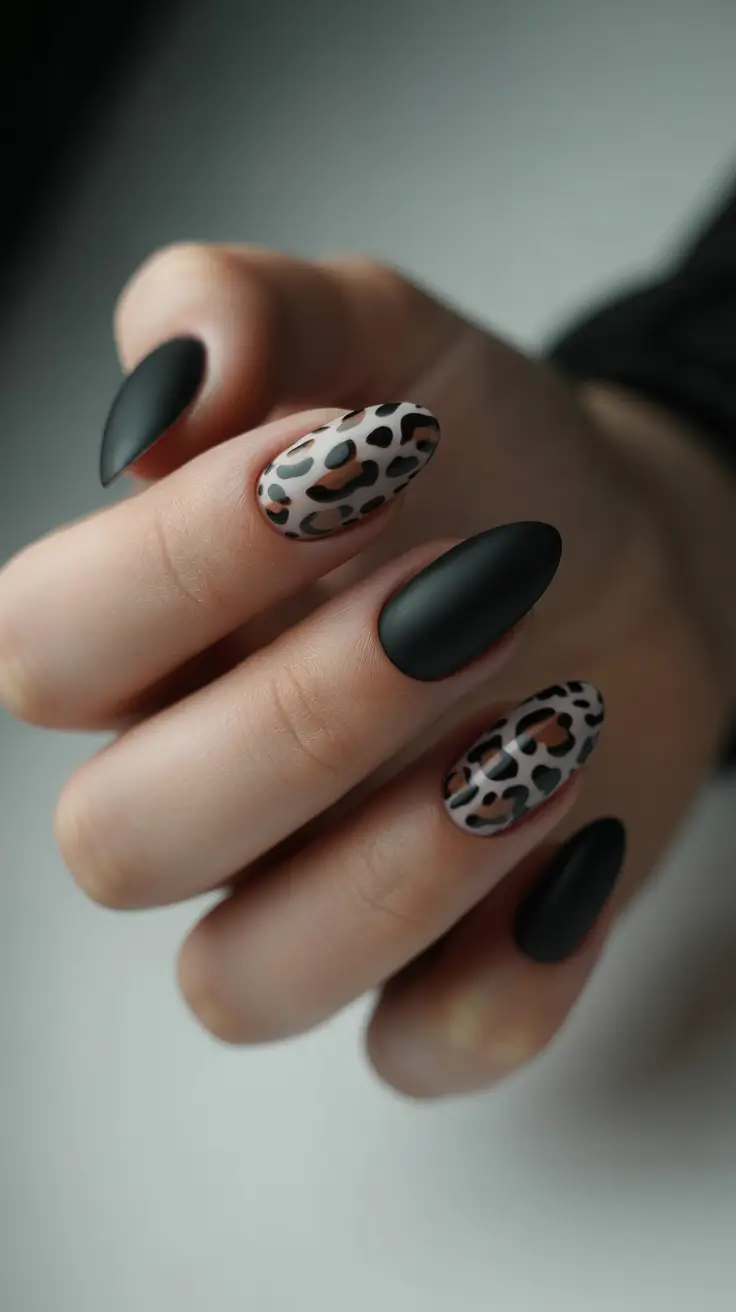 elegant gel nails 2026 Matte Noir With Wild Leopard Accents