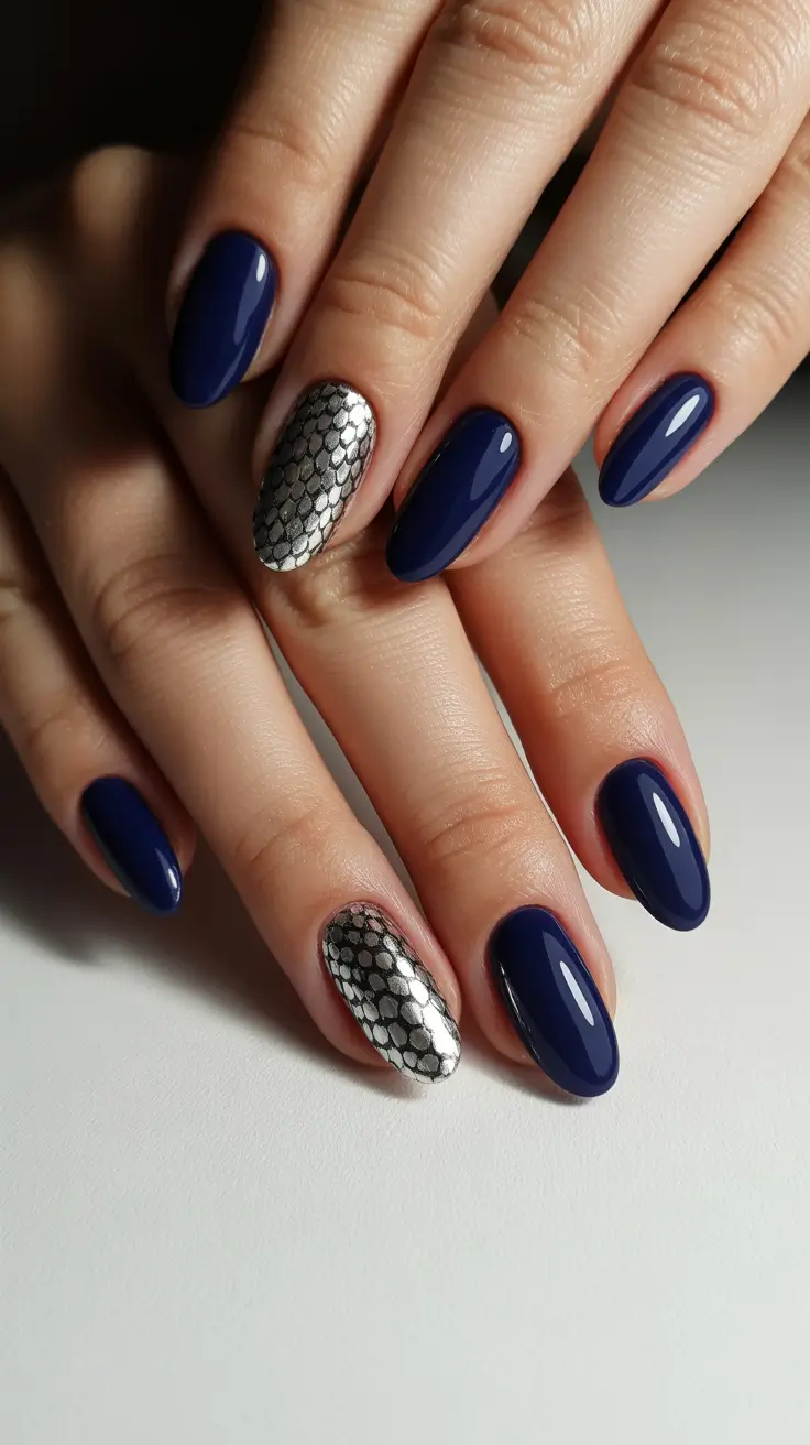 elegant gel nails 2026 Midnight Blue Glamour With Silver Texture