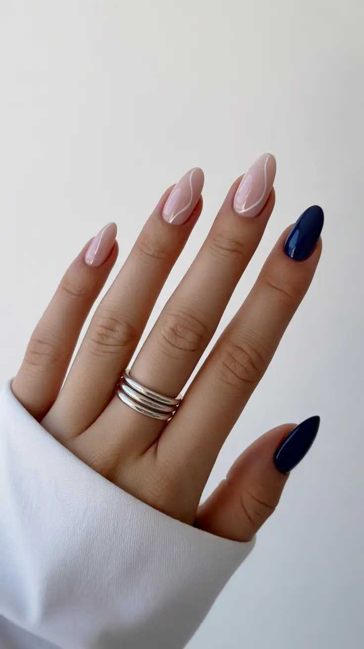 elegant short almond nails 2026 Soft Neutral Swirls With a Bold Blue Accent