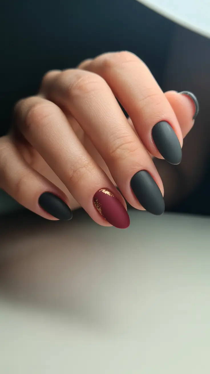elegant short almond nails 2026 Deep Matte Black and Burgundy with Gold Foil Detail