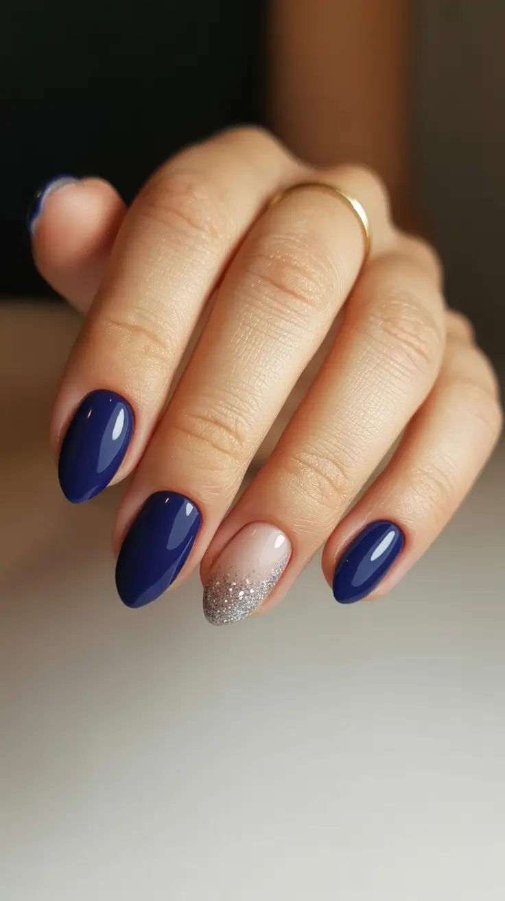 elegant short almond nails 2026 Navy Shine With a Silver-Glitter Gradient Accent