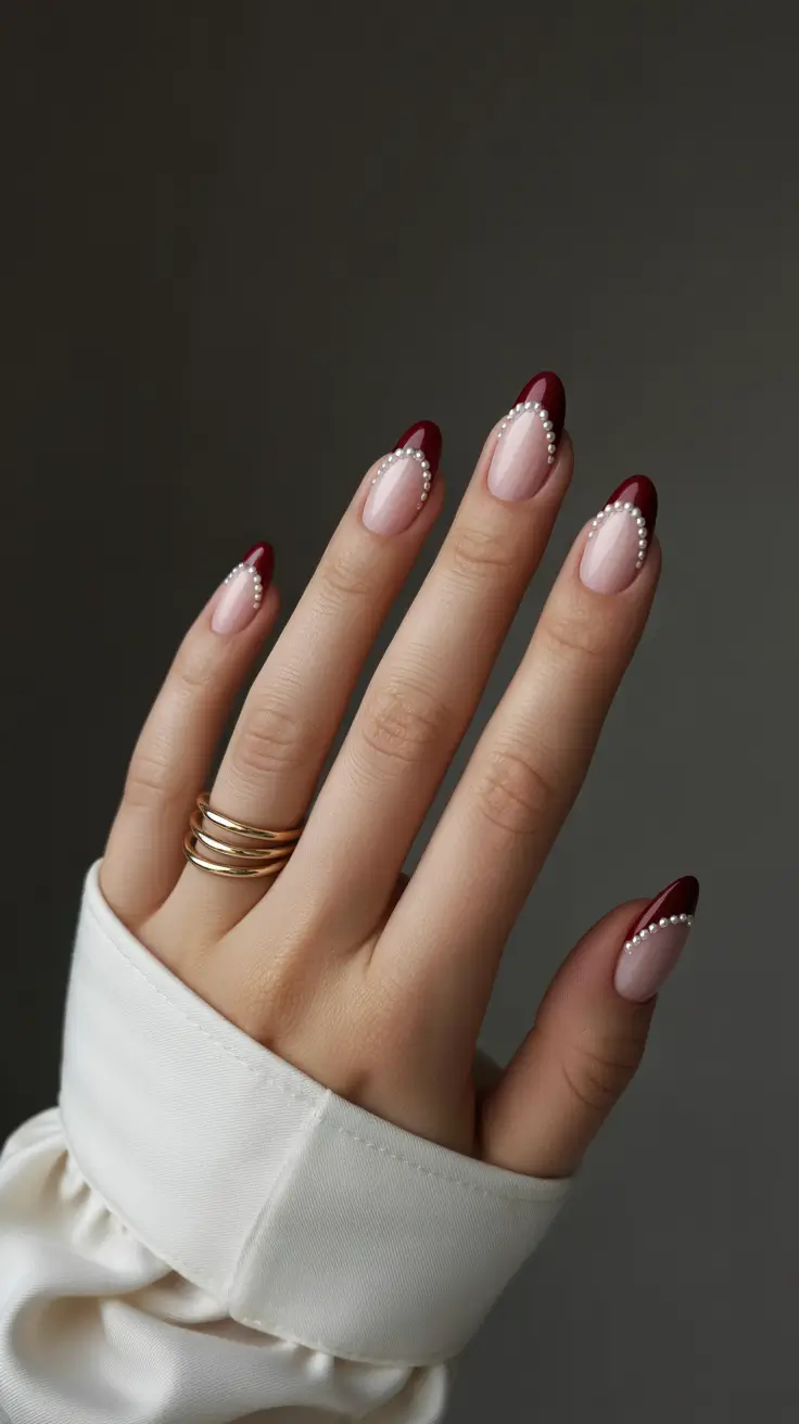 elegant short almond nails 2026 Wine-Red French With Pearl Detailing