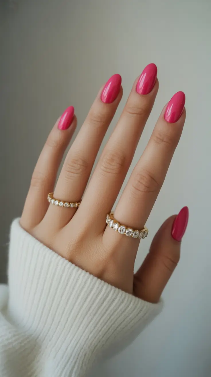 elegant short almond nails 2026 Vibrant Glossy Pink for Fresh Everyday Elegance